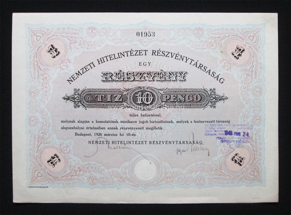 Nemzeti Hitelintézet részvény 10 pengő 1926
